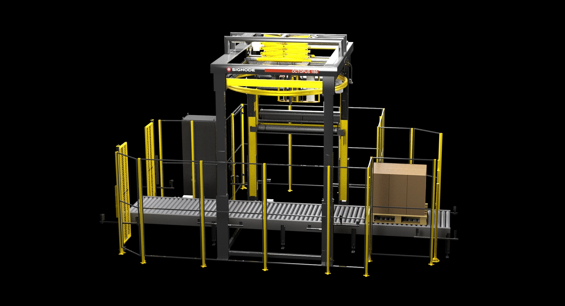 3D CGI render of Signode industrial pallet wrapping machinery created from CAD data